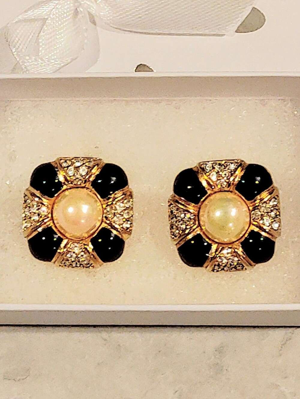 CHANEL 18K GOLD PLATED CLIP-ON EARRINGS W/ CRYSTALS & BLACK ENAMEL & FAUX PEARL